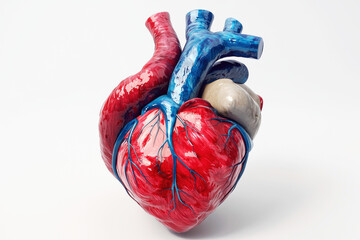 Naklejka premium Cross-sectional view of a human heart illustrating blood flow dynamics in bright red and blue tones on white background