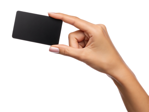 Female hand holding black card blank isolated on white background, transparent PNG cutout, business payment credit debit gift card mockup for social media post, web banner, 4K high-quality download