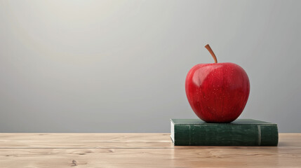 A red apple on top of a green book.