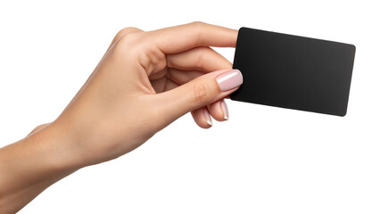 Female hand holding black card blank isolated on white background, transparent PNG cutout, business payment credit debit gift card mockup for social media post, web banner, 4K high-quality download