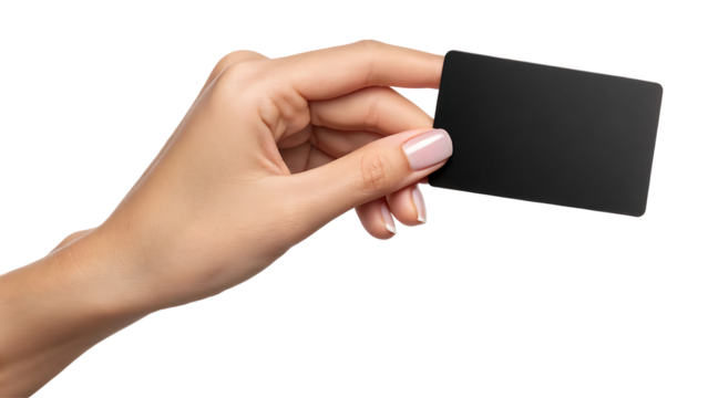 Female hand holding black card blank isolated on white background, transparent PNG cutout, business payment credit debit gift card mockup for social media post, web banner, 4K high-quality download