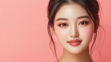 Fototapeta premium Beauty portrait on pink background showcasing natural Korean makeup style with soft coral lips, dewy skin, and elegant updo hairstyle with loose strands framing face.