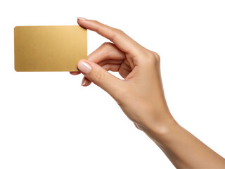 Female hand holding gold card blank isolated on white background, transparent PNG cutout, business payment credit debit gift card mockup for social media post, web banner, 4K high-quality download