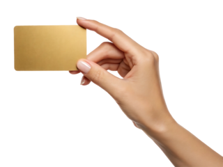Female hand holding gold card blank isolated on white background, transparent PNG cutout, business payment credit debit gift card mockup for social media post, web banner, 4K high-quality download