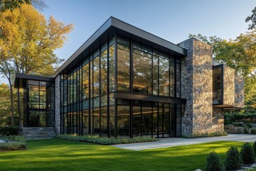 Fototapeta premium Modern commercial building with large glass windows and stone veneer . A contemporary home featuring expansive windows and elegant stone walls, showcasing modern architectural design.