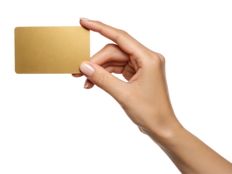 Female hand holding gold card blank isolated on white background, transparent PNG cutout, business payment credit debit gift card mockup for social media post, web banner, 4K high-quality download - Powered by Adobe