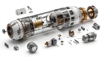 Detailed view of a futuristic spacecraft component with intricate machinery and parts scattered around