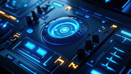 Obraz premium Futuristic DJ Mixer: Neon Blue Tech Console