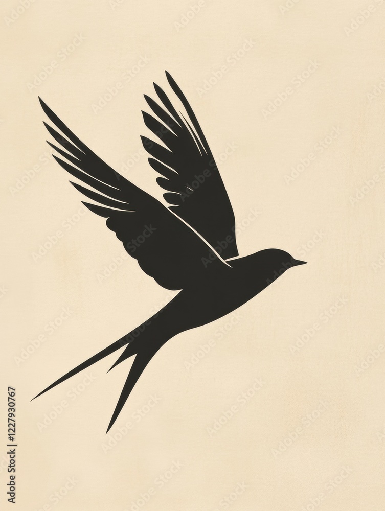 Aufkleber Stylized silhouette of a bird in flight against a neutral background displaying elegant wings and tail feathers. Generative AI