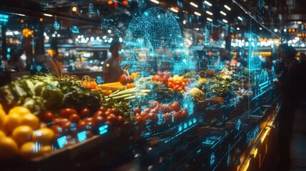 Augmented reality interface displaying product information and global supply chain data overlays fresh produce in a modern grocery store, revolutionizing how customers interact with food