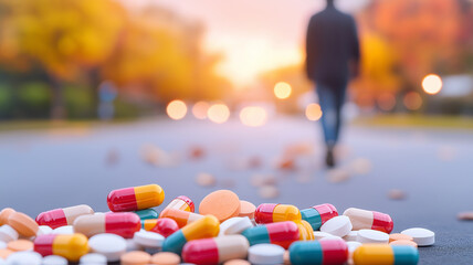Colorful pills scattered on road with blurred figure walking away in background, evoking sense of solitude and contemplation