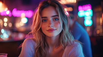 Fototapeta premium A young woman with long blonde hair smiles at the camera in a dimly lit bar with neon lights in the background.