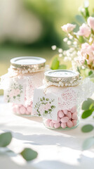 DIY wedding favors with pastel candy in lace-decorated jars