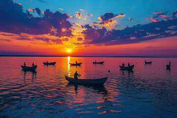 Fototapeta premium Dramatic sunset over a tranquil lake with fishing boats against a vibrant sky