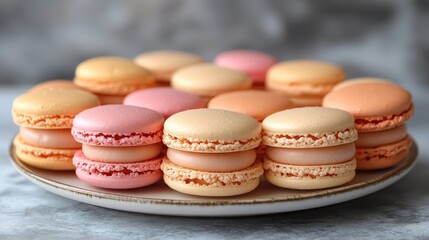 Obraz premium Colorful Macaron Varieties Arranged Neatly on a Plate, Showcasing a Delightful Display of Pastel Hues in a Cozy Setting at a Bakery. Generative AI
