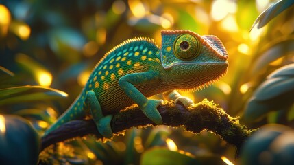 Jungle Chameleon on Branch, Sunlight, Lush Foliage