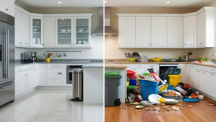 Spotless Kitchen Versus Dirty Space Showcasing Cleaning Importance