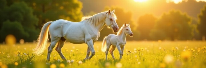 Obraz premium Beautiful unicorn mare with foal in a sunny field, grass, greenery