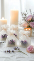 Elegant DIY wedding favors with lavender sachets and candles