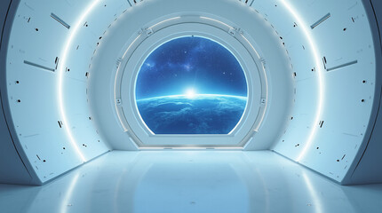 Futuristic spaceship Interior with glowing lights, smooth metallic surfaces, and a panoramic window overlooking a distant galaxy