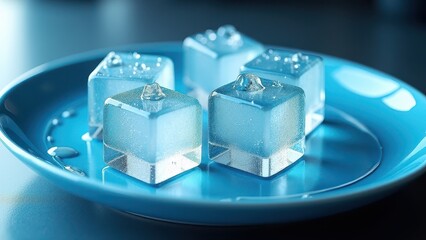 Fresh ice cubes stacked and melting on a blue plate with water droplets	