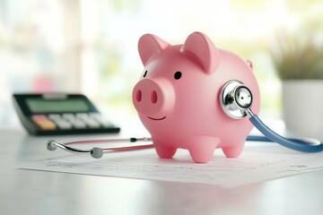 A pink piggy bank with a stethoscope symbolizes financial health and savings, set against a backdrop of a calculator and financial documents.
