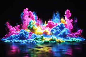 Rich explosion of glowing powder creating vibrant clouds in bold colors against a dark backdrop