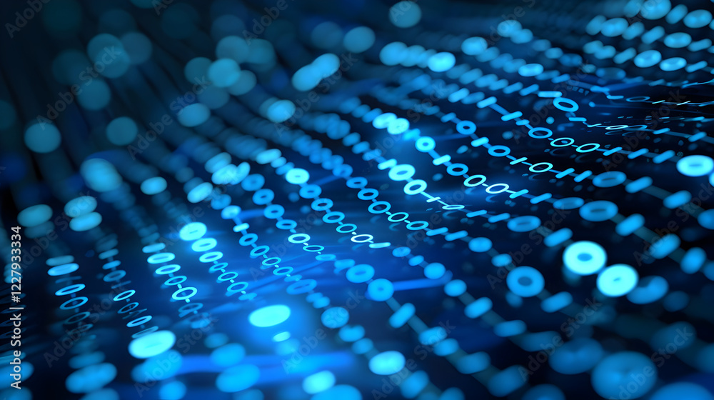 Poster abstract representation of digital data flow with blue tones and circular patterns.