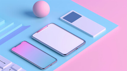 A pink and blue background with three electronic devices on it.