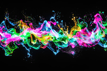 Dynamic splash of glowing neon paints creating vibrant abstract shapes on a black background