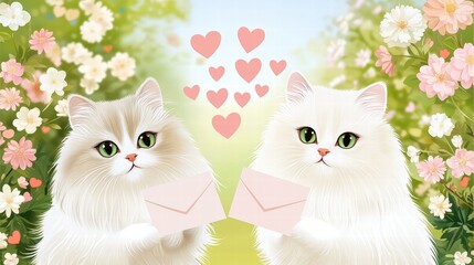 love animals Envelope, Two Cute Cats Holding Love Letters Surrounded by Colorful Flowers and
