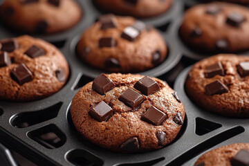 Fototapeta premium Chocolate chip muffins cooling in a baking tray after being freshly baked in the kitchen