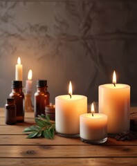 Aromatic candles and essential oils on a wooden table, wood, essential oils