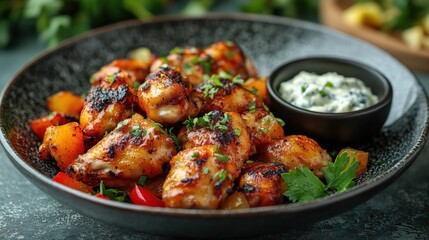 Fototapeta premium Grilled Chicken Wings With Vegetables and Dipping Sauce Served on a Black Plate at a Casual Dining Setting. Generative AI