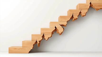 Fototapeta premium A stylized wooden staircase ascends against a light wall, showcasing a modern and minimalist design with unique, angular steps.