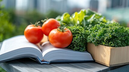 Fresh tomatoes and leafy greens are arranged on an open book, symbolizing healthy eating and gardening knowledge in a vibrant outdoor setting.