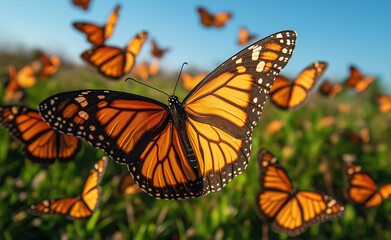 Obraz premium The orange butterflies flutter in the blue-green grass, creating an atmosphere of natural beauty and tranquility.
