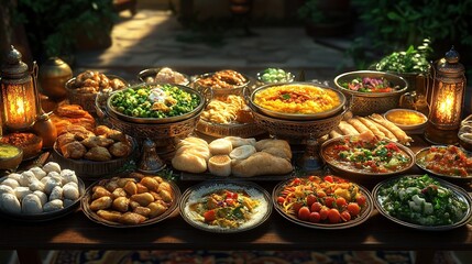 Obraz premium Middle Eastern feast on table in courtyard with lanterns, sunset glow