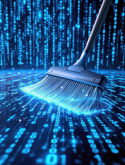 Digital Memory Cleanse in a Surreal Tech Landscape with Binary Code Patterns and Motion Blur Effects
