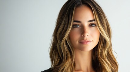Fototapeta premium A close-up portrait of a beautiful young woman with brunette blonde ombre hair, and a serene expression, showcasing natural beauty and elegance and tranquility, professional studio portrait photograph