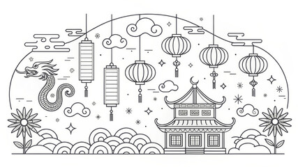 Fototapeta premium Traditional Chinese Culture Line Art Design - An intricate line art depicting traditional Chinese elements including a dragon, lanterns, clouds, and a pagoda, symbolizing culture and celebration.