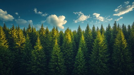 Lush Green Coniferous Forest Under a Clear Blue Sky With Scattered Clouds During the Afternoon Light. Generative AI