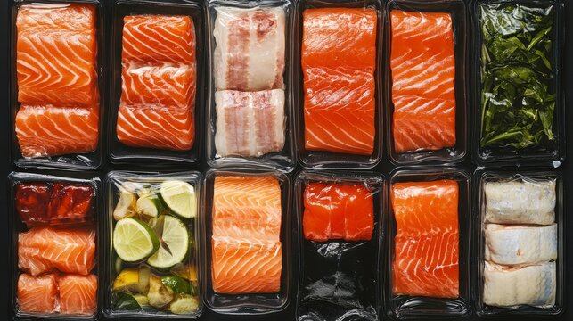 Frozen seafood package. Ice salmon plastic storage. Fish grocery pack for supermarket refrigerator. Freezer vacuum wrap for different cold fillet menu icon cartoon isolated asset collection.