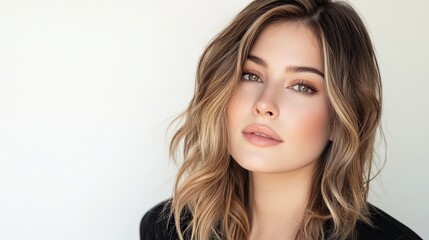 Fototapeta premium A close-up portrait of a beautiful young woman with brunette blonde ombre hair, and a serene expression, showcasing natural beauty and elegance and tranquility, professional studio portrait photograph