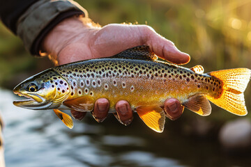 Obraz premium Fisherman's hands showcase a vibrant trout caught during a sunny day by the riverbank