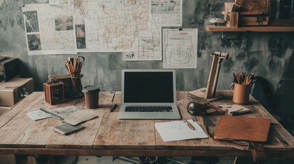 Rustic wooden desk with laptop, maps, and vintage items.