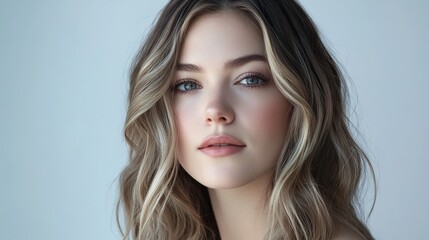 Fototapeta premium A close-up portrait of a beautiful young woman with brunette blonde ombre hair, and a serene expression, showcasing natural beauty and elegance and tranquility, professional studio portrait photograph
