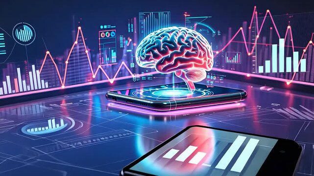 Futuristic Artificial Intelligence and Data Analytics Concept with a Glowing Digital Brain, Graphs, and Smart Device

