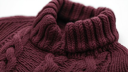 Maroon cable-knit turtleneck sweater detail; winter fashion