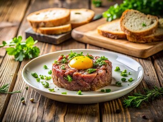 Gourmet Beef Tartare with Raw Egg Yolk & Herbs on Rustic Wooden Table